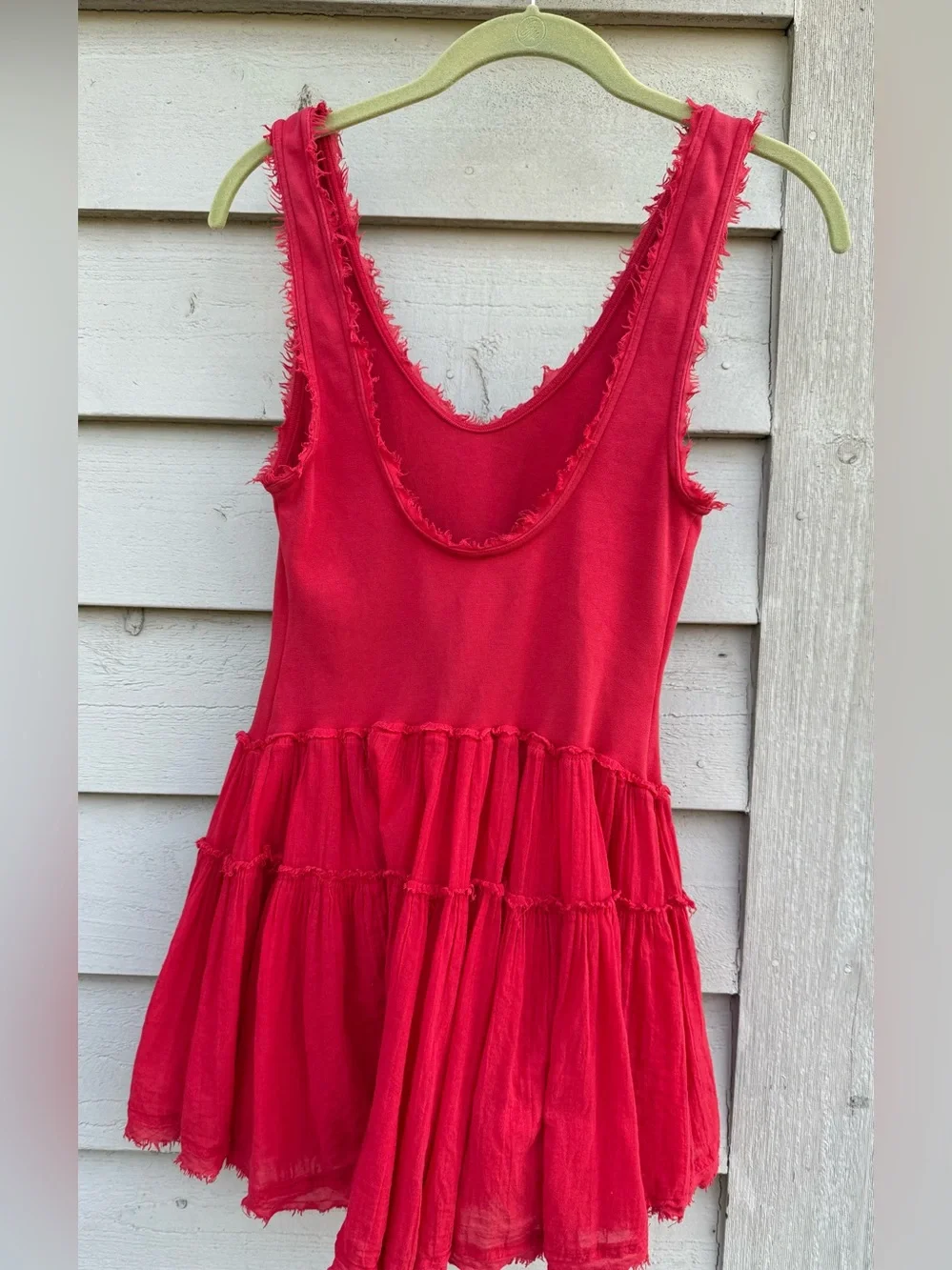 Free People Coral Red Frayed Tiered Dress